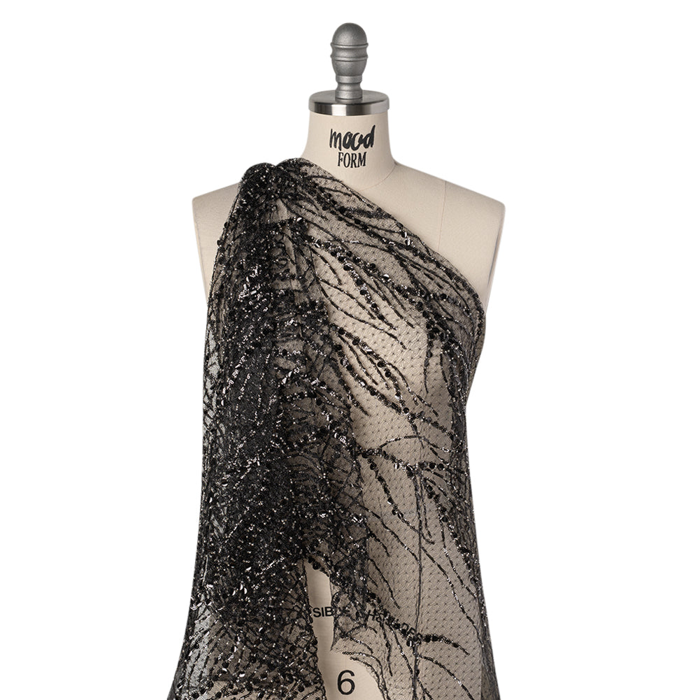 Embroidered Lace Netting with Sequins - Black and Silver Water Plants on Lattice Drape Embroidered Lace Netting with Sequins - Black and Silver Water Plants on Lattice Drape