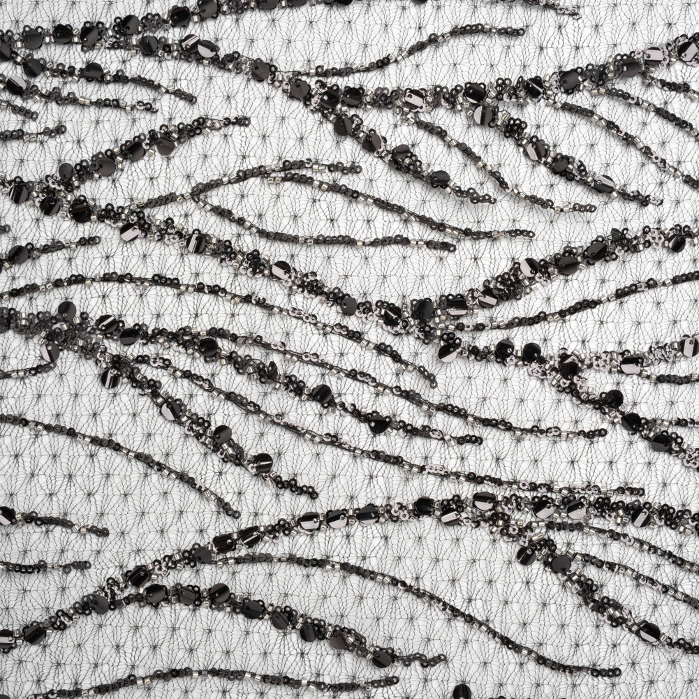 Embroidered Lace Netting with Sequins - Black and Silver Water Plants on Lattice Embroidered Lace Netting with Sequins - Black and Silver Water Plants on Lattice