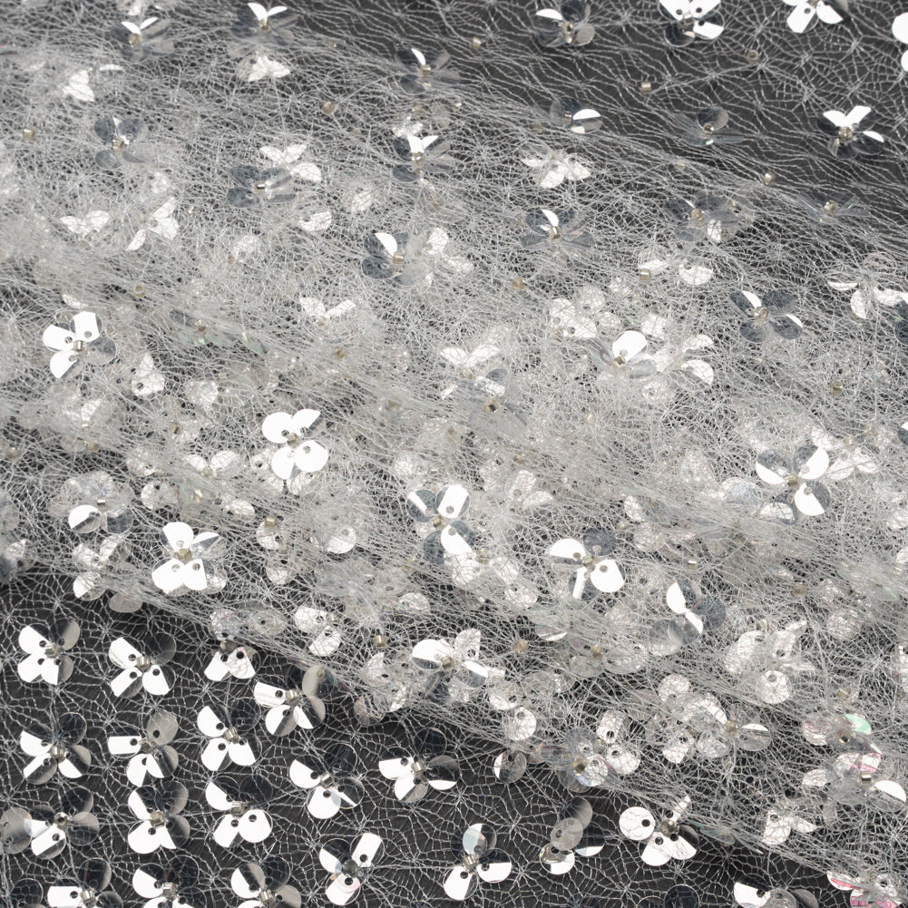 Beaded and Sequined Lace Netting - Clear, Silver and White Floral Gradients Folded Beaded and Sequined Lace Netting - Clear, Silver and White Floral Gradients Folded