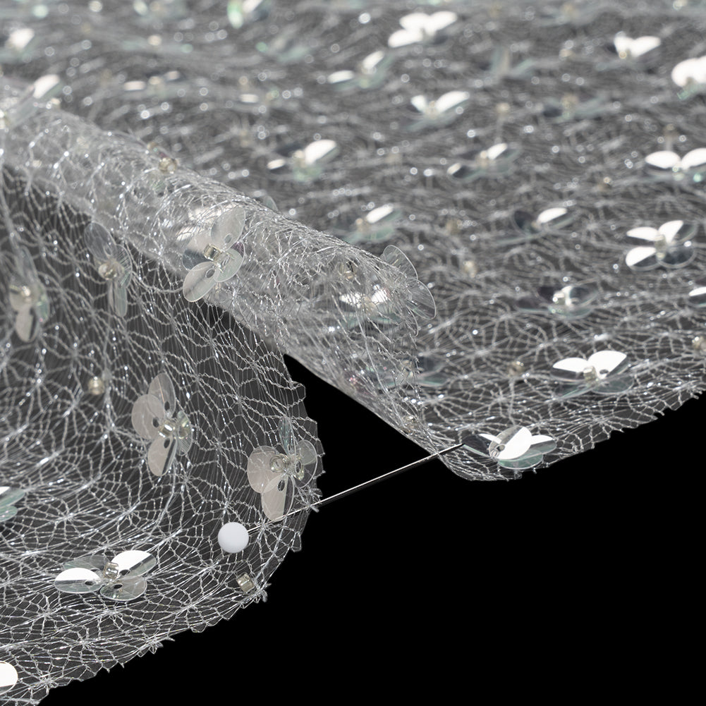 Beaded and Sequined Lace Netting - Clear, Silver and White Floral Gradients Detail Beaded and Sequined Lace Netting - Clear, Silver and White Floral Gradients Detail
