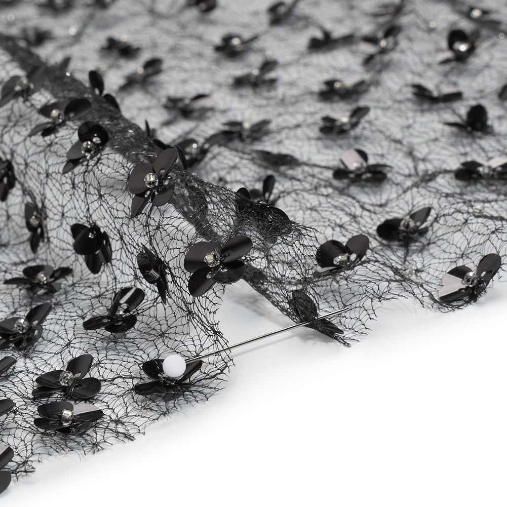 Beaded and Sequined Lace Netting - Silver and Black Floral Gradients Detail Beaded and Sequined Lace Netting - Silver and Black Floral Gradients Detail