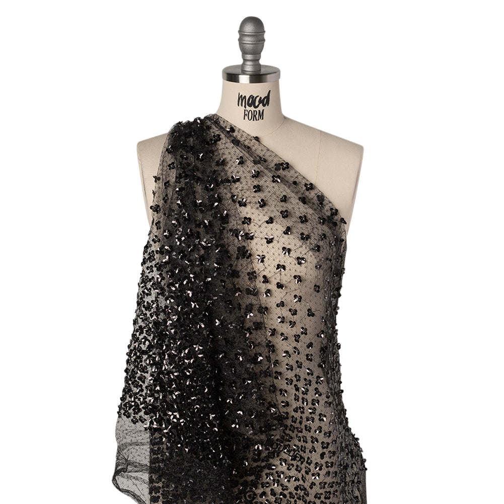 Beaded and Sequined Lace Netting - Silver and Black Floral Gradients Drape Beaded and Sequined Lace Netting - Silver and Black Floral Gradients Drape