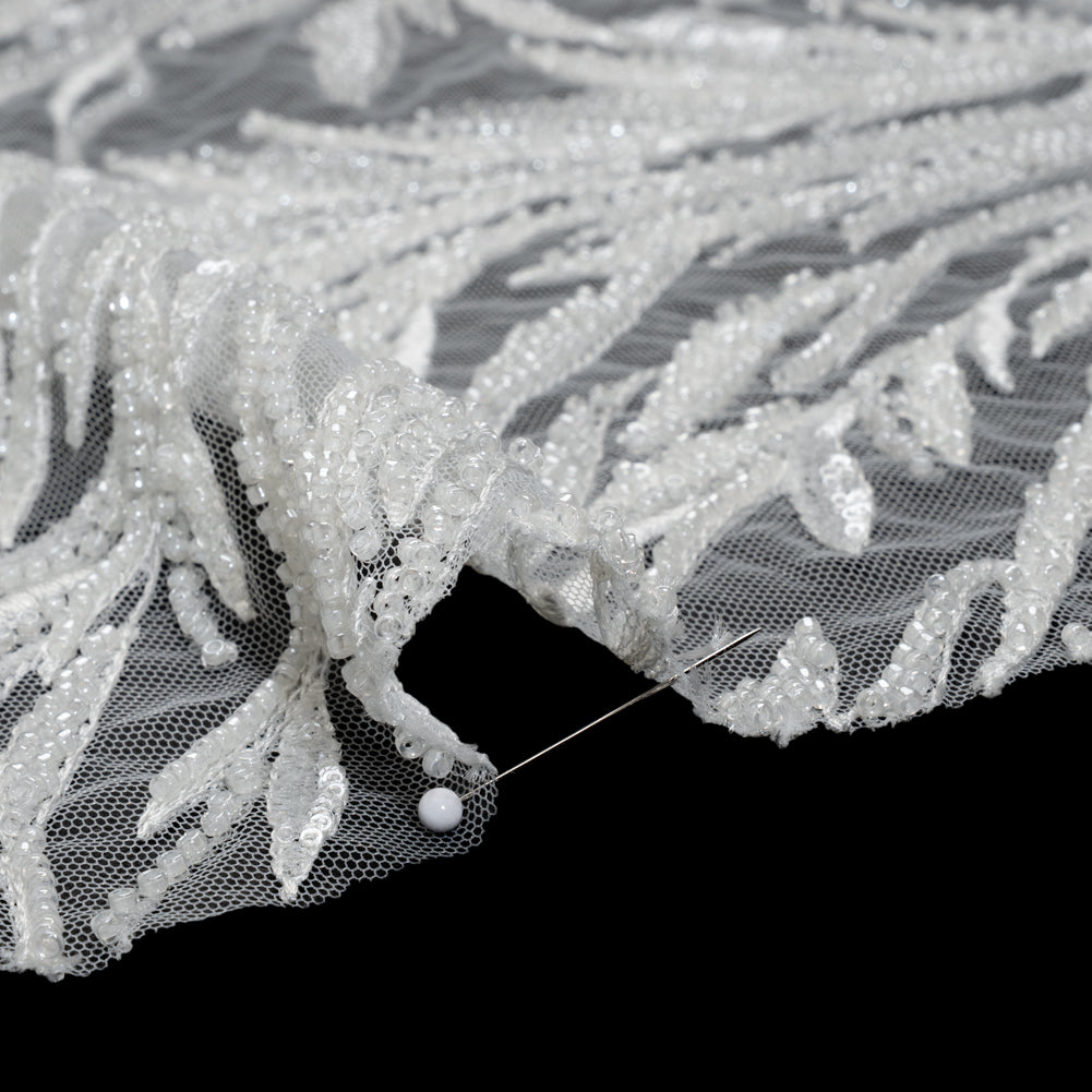 Embroidered and Beaded Lace Tulle with Sequins - Off White Reef Plants Detail Embroidered and Beaded Lace Tulle with Sequins - Off White Reef Plants Detail