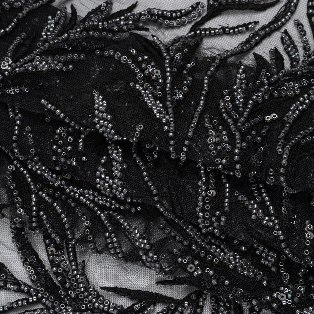 Embroidered and Beaded Lace Tulle with Sequins - Black and Gunmetal Reef Plants Folded Embroidered and Beaded Lace Tulle with Sequins - Black and Gunmetal Reef Plants Folded