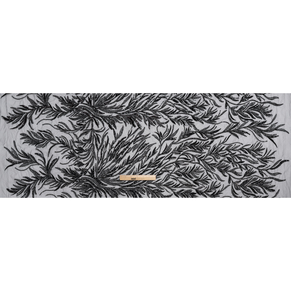 Embroidered and Beaded Lace Tulle with Sequins - Black and Gunmetal Reef Plants - Full Embroidered and Beaded Lace Tulle with Sequins - Black and Gunmetal Reef Plants - Full