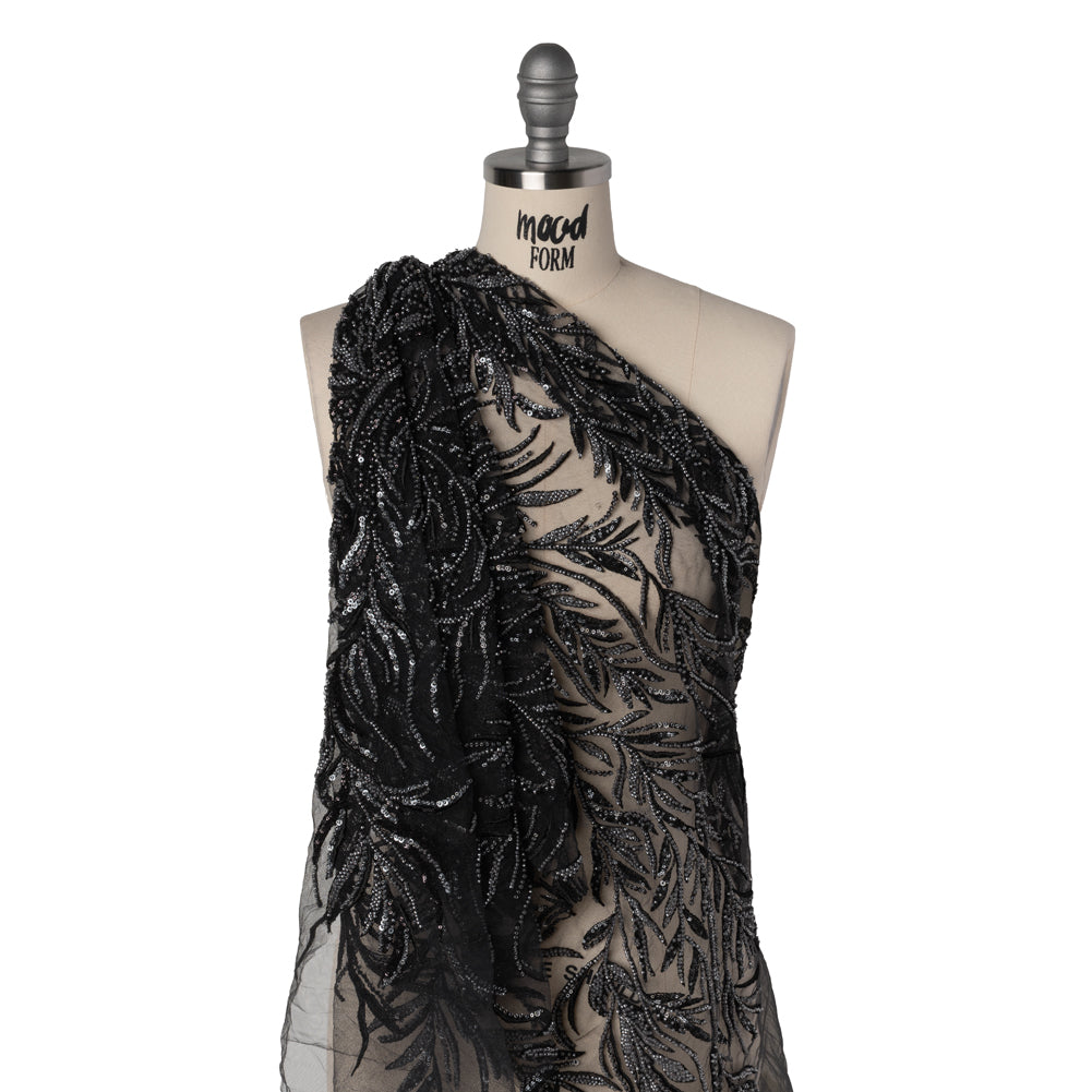 Embroidered and Beaded Lace Tulle with Sequins - Black and Gunmetal Reef Plants Drape Embroidered and Beaded Lace Tulle with Sequins - Black and Gunmetal Reef Plants Drape
