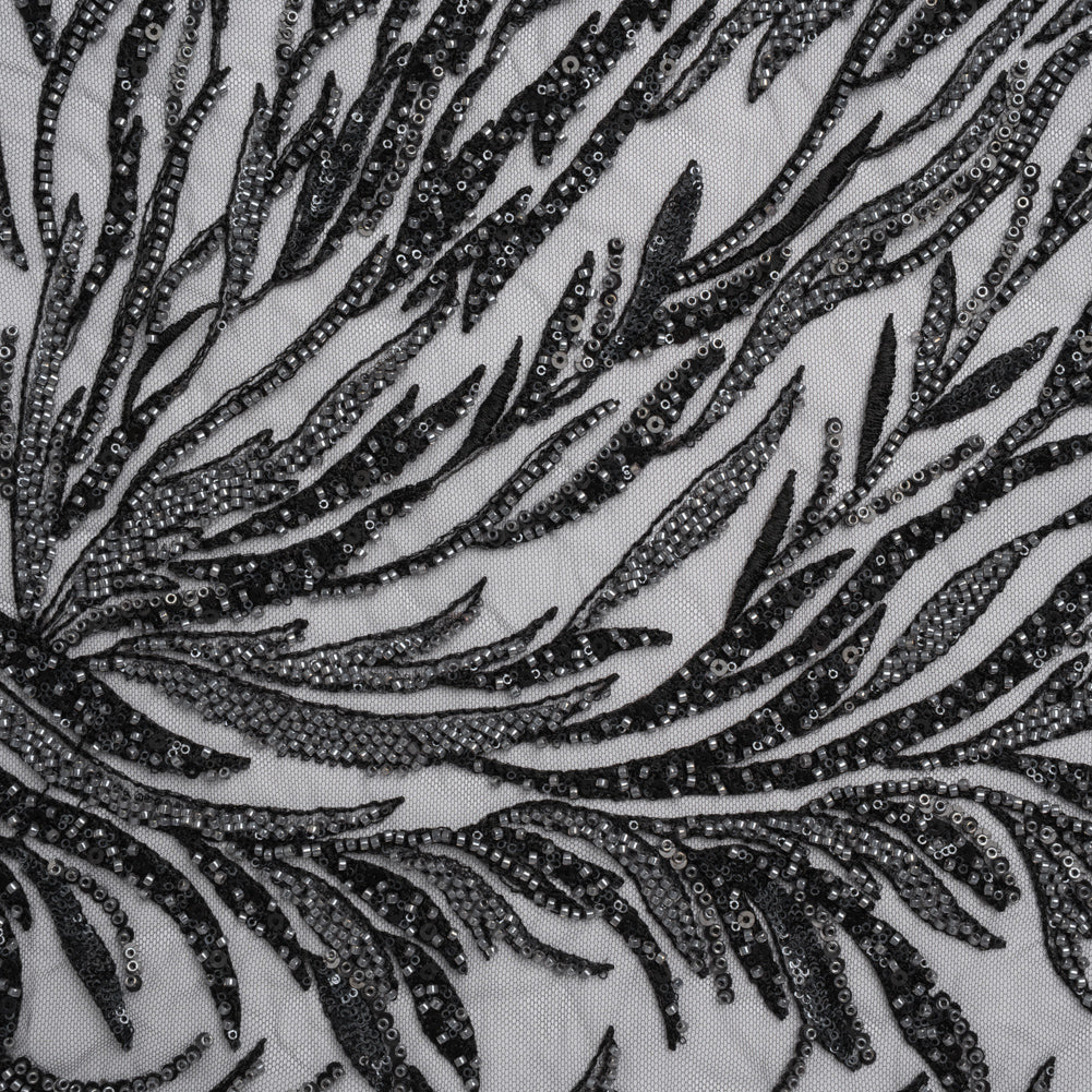 Embroidered and Beaded Lace Tulle with Sequins - Black and Gunmetal Reef Plants Embroidered and Beaded Lace Tulle with Sequins - Black and Gunmetal Reef Plants