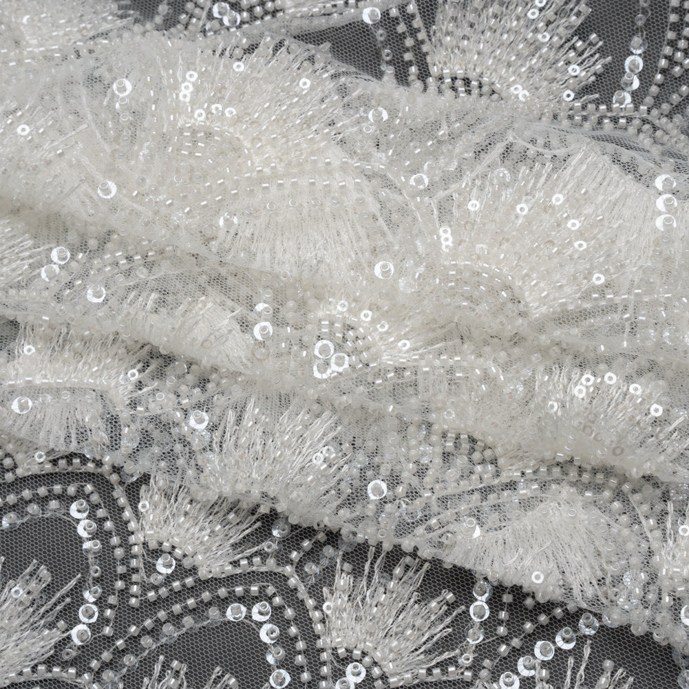 Embroidered and Beaded Lace Tulle with Sequins - Off White Gradient Size Scales Folded Embroidered and Beaded Lace Tulle with Sequins - Off White Gradient Size Scales Folded