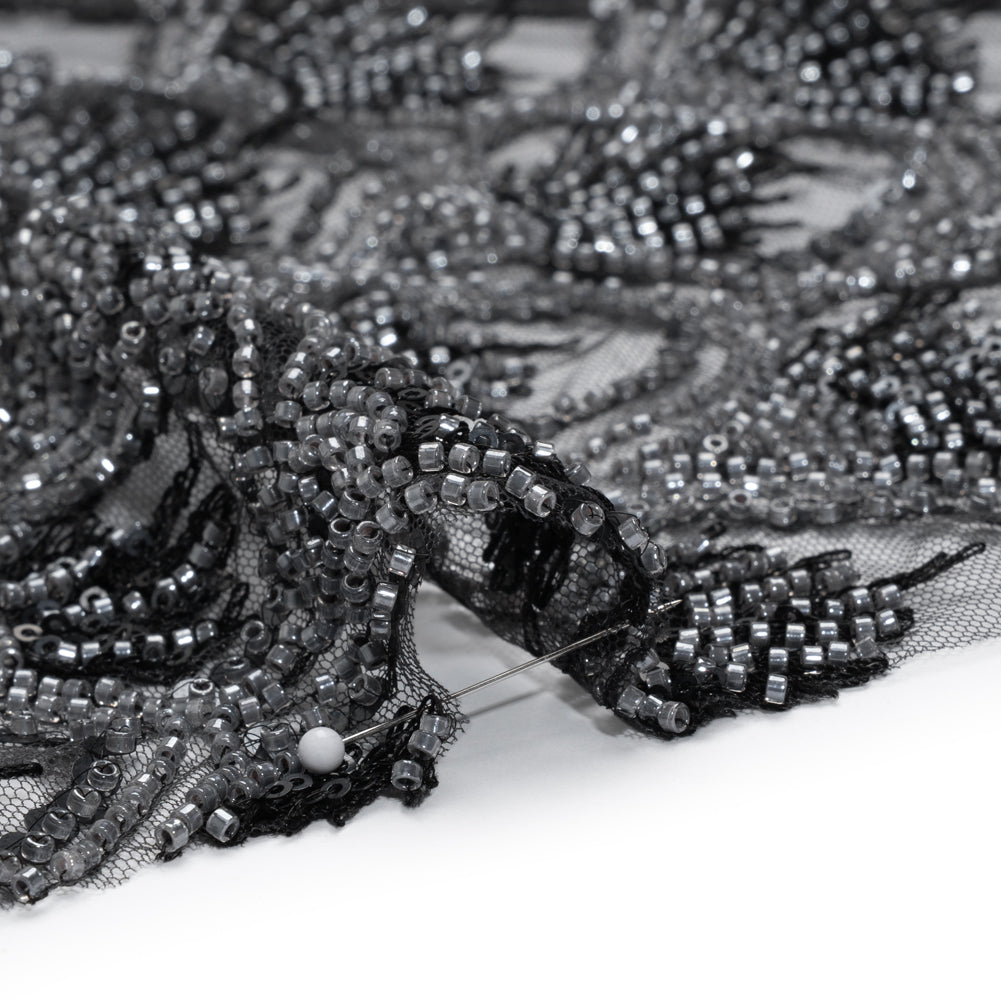 Embroidered and Beaded Lace Tulle with Sequins - Black and Gunmetal Gradient Size Scales Detail Embroidered and Beaded Lace Tulle with Sequins - Black and Gunmetal Gradient Size Scales Detail