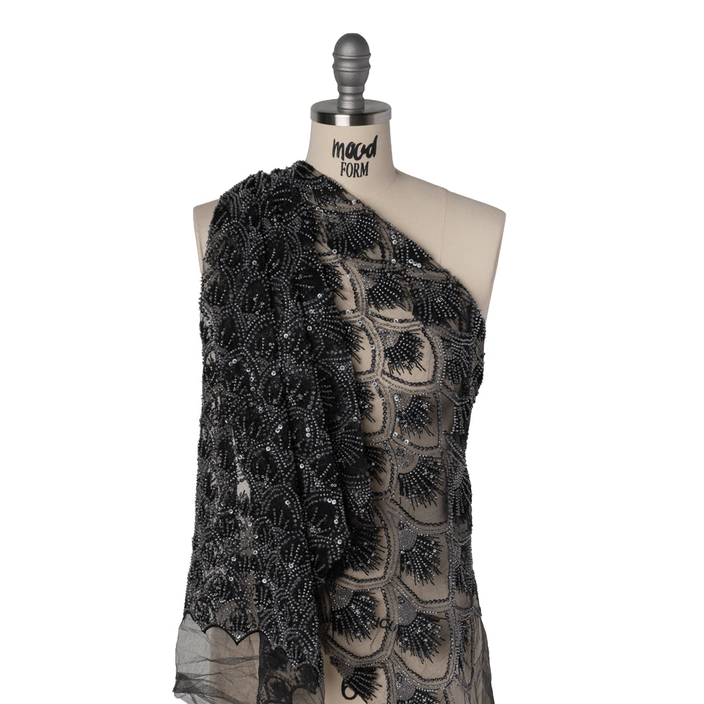 Embroidered and Beaded Lace Tulle with Sequins - Black and Gunmetal Gradient Size Scales Drape Embroidered and Beaded Lace Tulle with Sequins - Black and Gunmetal Gradient Size Scales Drape