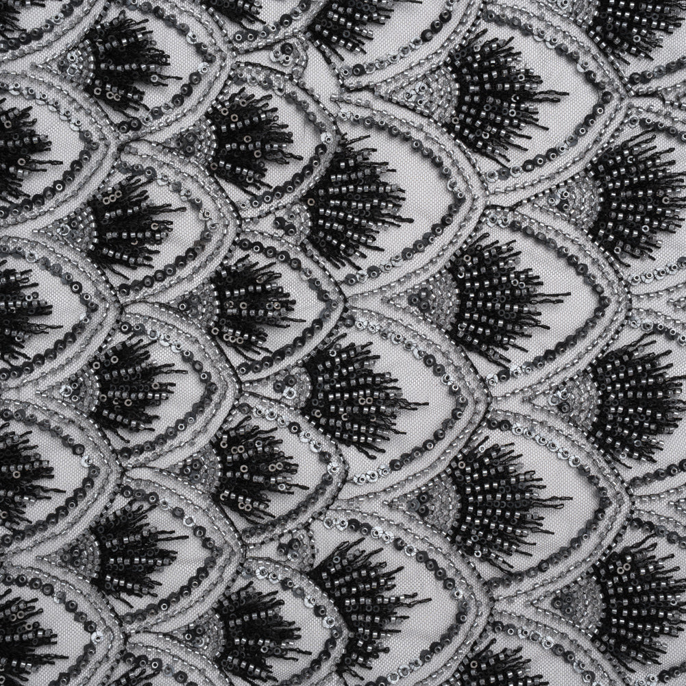 Embroidered and Beaded Lace Tulle with Sequins - Black and Gunmetal Gradient Size Scales Embroidered and Beaded Lace Tulle with Sequins - Black and Gunmetal Gradient Size Scales