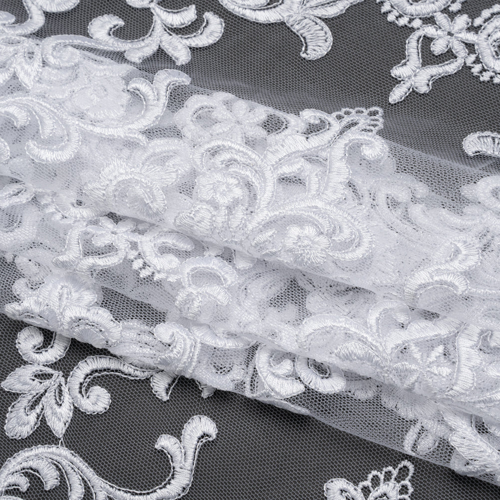 Embroidered Lace Tulle - Bright White Floral Damask Folded Embroidered Lace Tulle - Bright White Floral Damask Folded