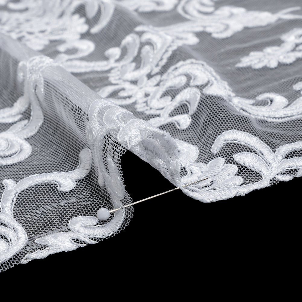Embroidered Lace Tulle - Bright White Floral Damask Detail Embroidered Lace Tulle - Bright White Floral Damask Detail