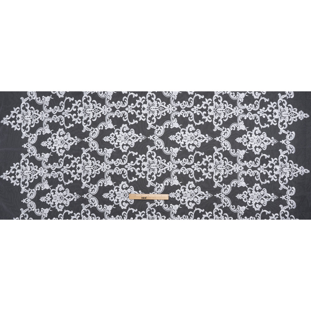 Embroidered Lace Tulle - Bright White Floral Damask - Full Embroidered Lace Tulle - Bright White Floral Damask - Full
