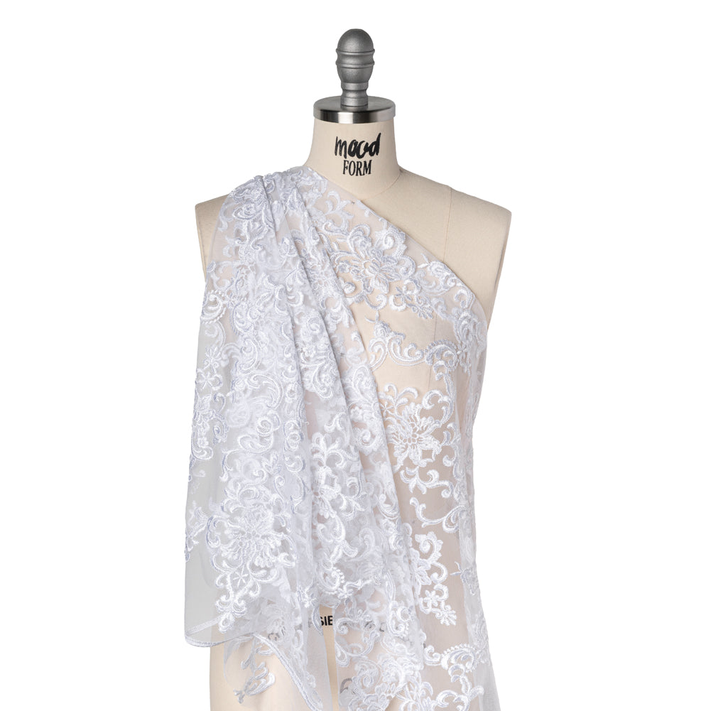 Embroidered Lace Tulle - Bright White Floral Damask Drape Embroidered Lace Tulle - Bright White Floral Damask Drape