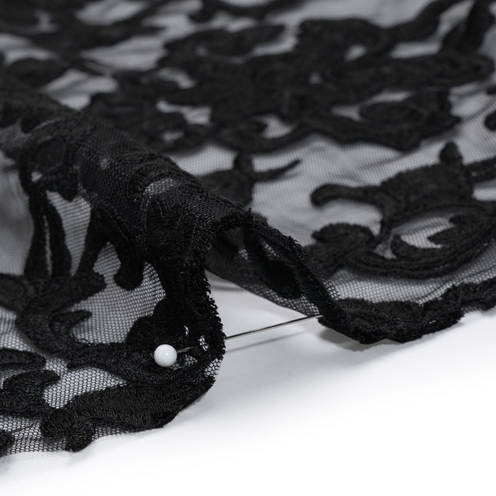 Embroidered Lace Tulle - Black Floral Damask Detail Embroidered Lace Tulle - Black Floral Damask Detail