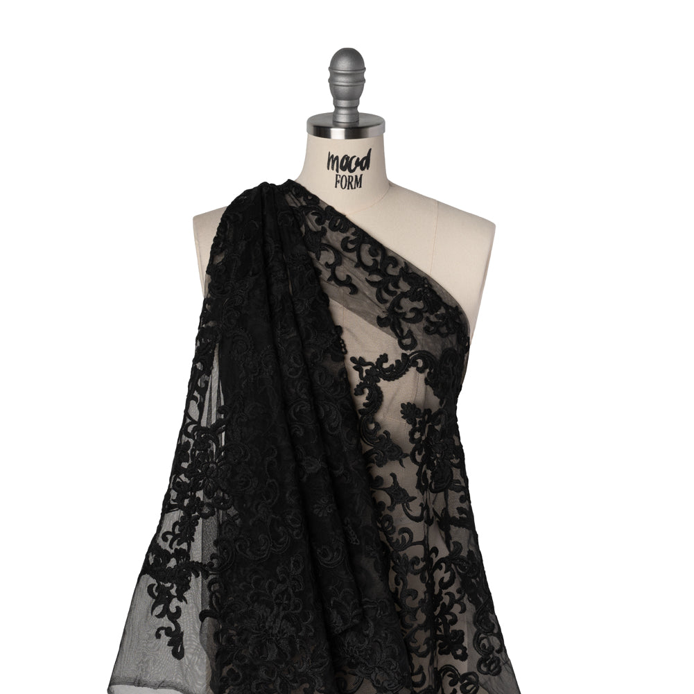 Embroidered Lace Tulle - Black Floral Damask Drape Embroidered Lace Tulle - Black Floral Damask Drape
