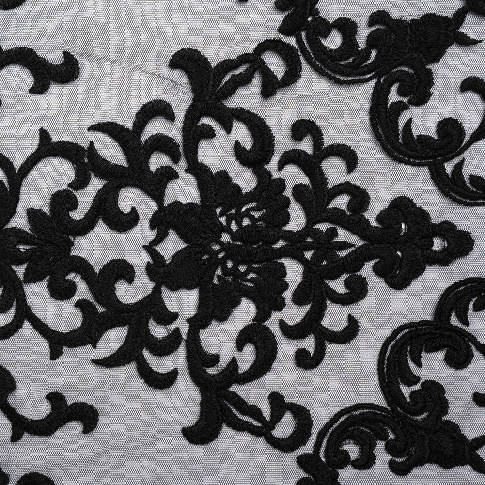 Embroidered Lace Tulle - Black Floral Damask Embroidered Lace Tulle - Black Floral Damask