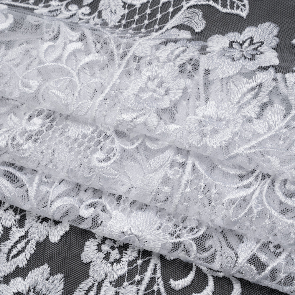Embroidered Lace Tulle - Bright White Floral Damask with Swirls and Lattice Folded Embroidered Lace Tulle - Bright White Floral Damask with Swirls and Lattice Folded