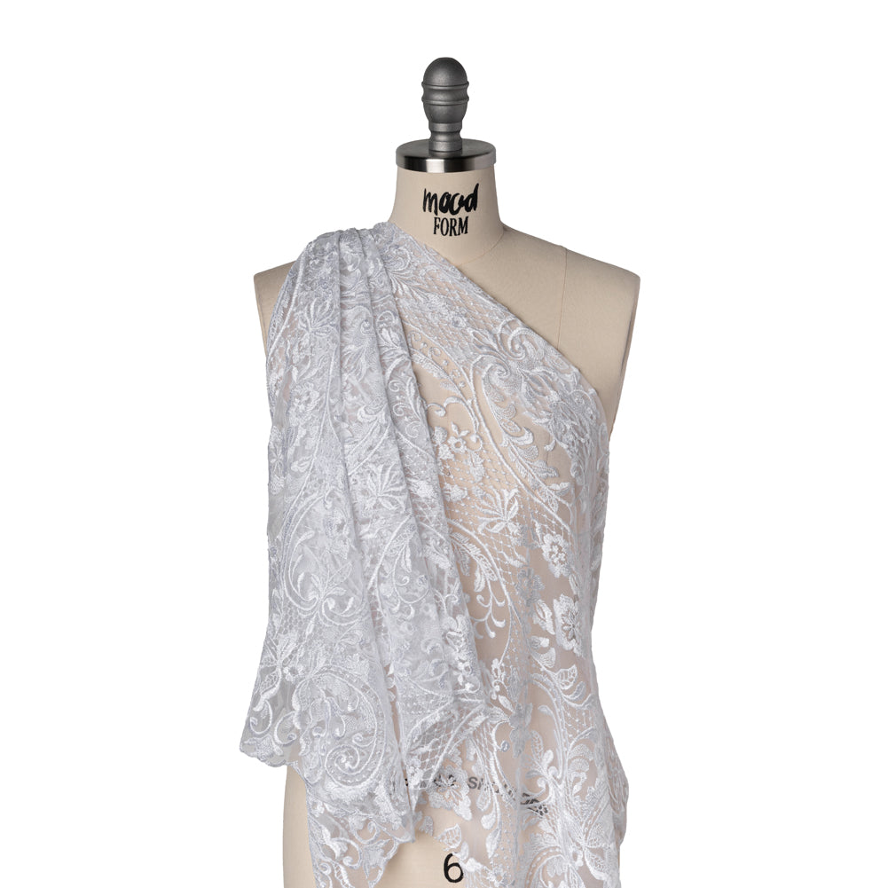 Embroidered Lace Tulle - Bright White Floral Damask with Swirls and Lattice Drape Embroidered Lace Tulle - Bright White Floral Damask with Swirls and Lattice Drape