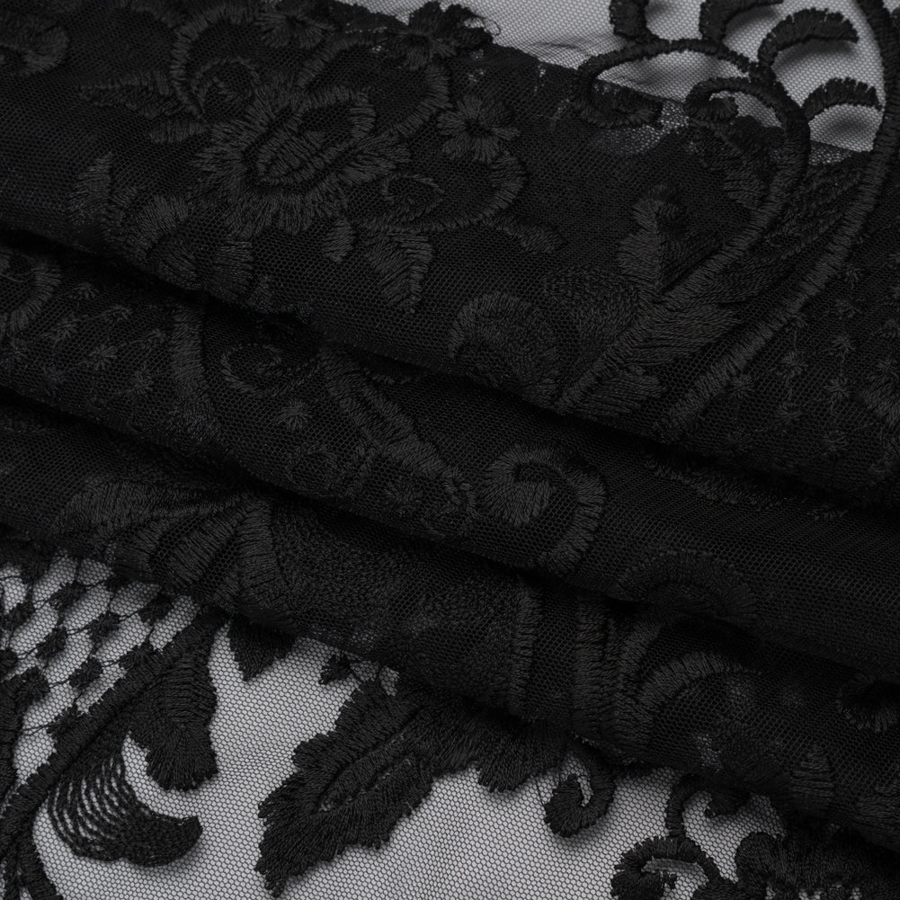 Embroidered Lace Tulle - Black Floral Damask with Swirls and Lattice Folded Embroidered Lace Tulle - Black Floral Damask with Swirls and Lattice Folded