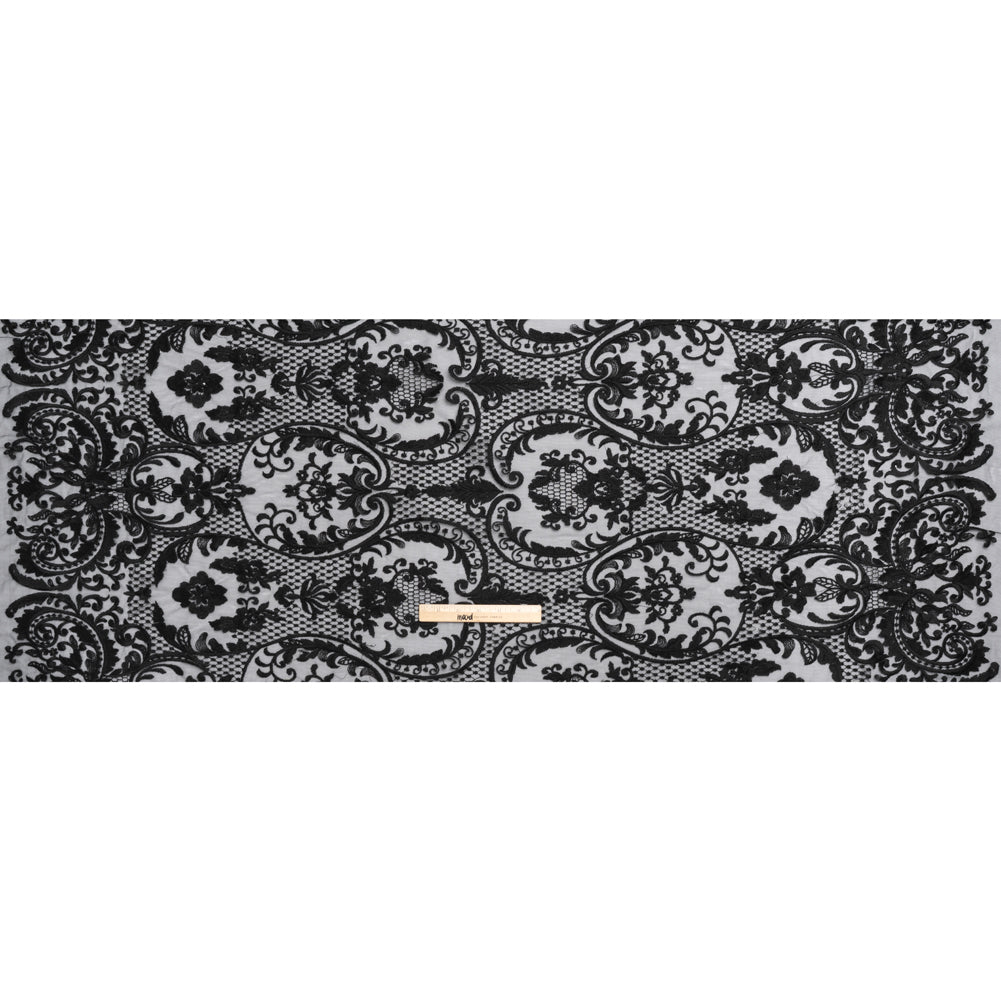 Embroidered Lace Tulle - Black Floral Damask with Swirls and Lattice - Full Embroidered Lace Tulle - Black Floral Damask with Swirls and Lattice - Full