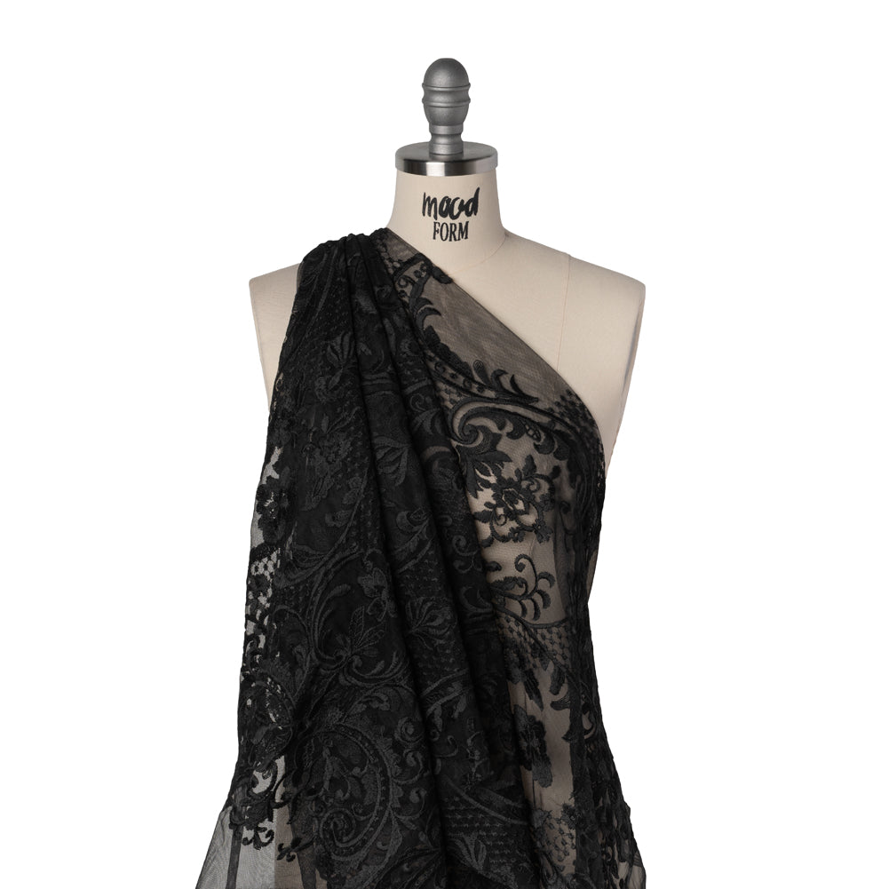 Embroidered Lace Tulle - Black Floral Damask with Swirls and Lattice Drape Embroidered Lace Tulle - Black Floral Damask with Swirls and Lattice Drape