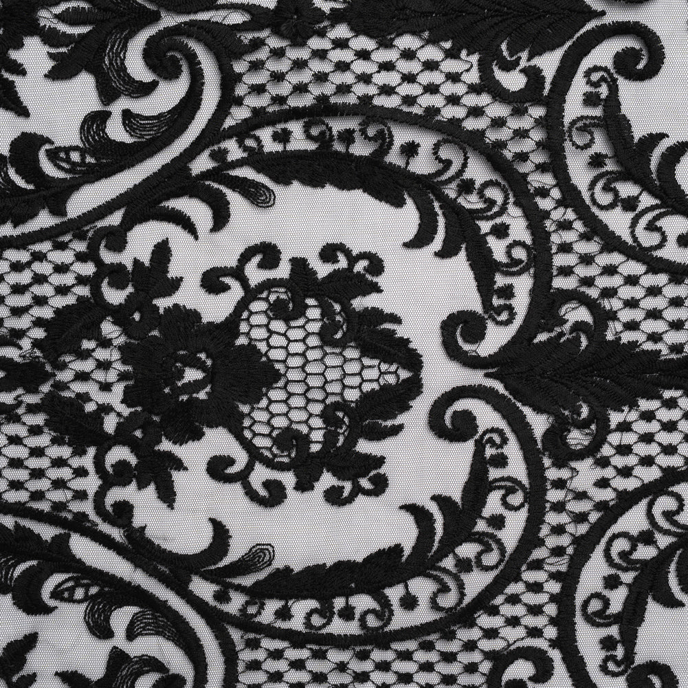 Embroidered Lace Tulle - Black Floral Damask with Swirls and Lattice Embroidered Lace Tulle - Black Floral Damask with Swirls and Lattice