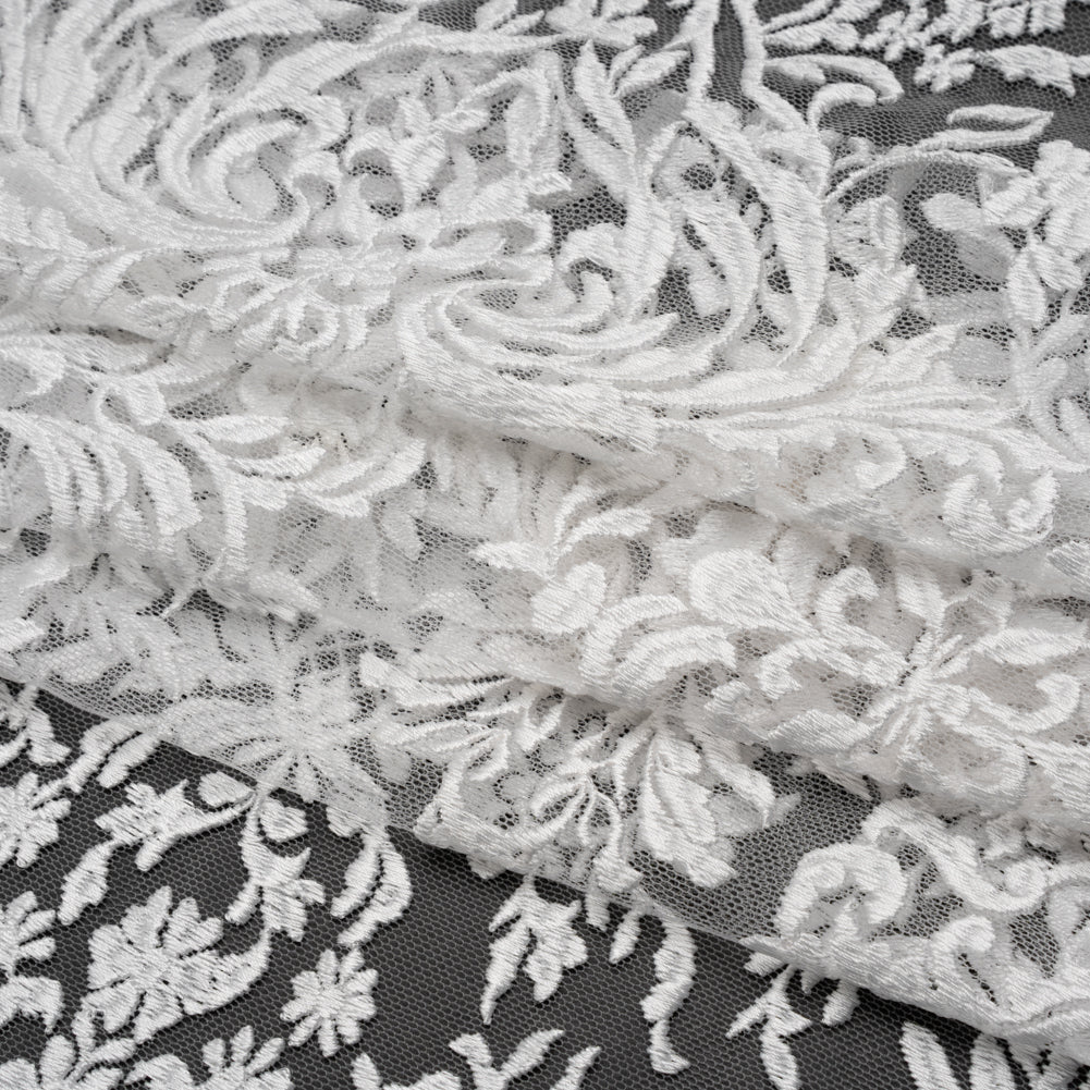 Embroidered Lace Tulle - Bright White Floral Damask with Pineapples Folded Embroidered Lace Tulle - Bright White Floral Damask with Pineapples Folded