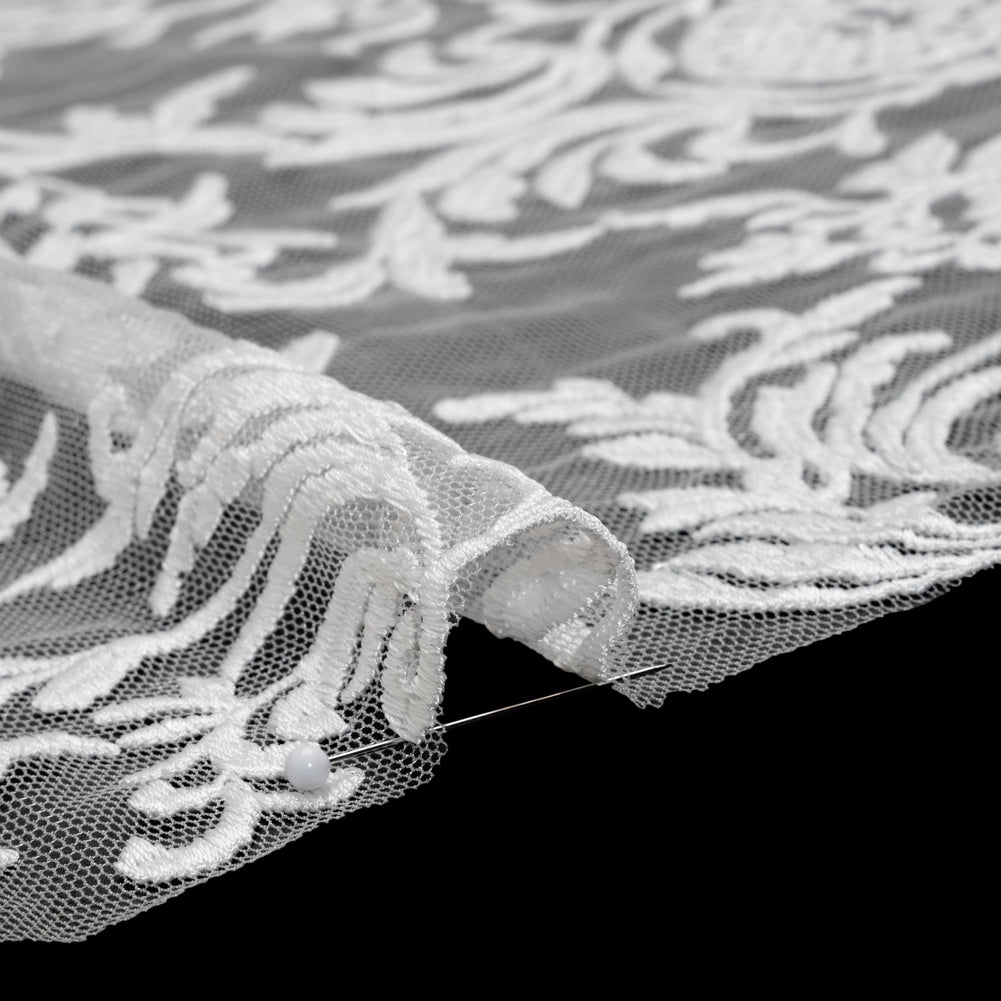 Embroidered Lace Tulle - Bright White Floral Damask with Pineapples Detail Embroidered Lace Tulle - Bright White Floral Damask with Pineapples Detail