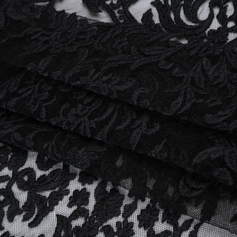 Embroidered Lace Tulle - Black Floral Damask with Pineapples Folded Embroidered Lace Tulle - Black Floral Damask with Pineapples Folded