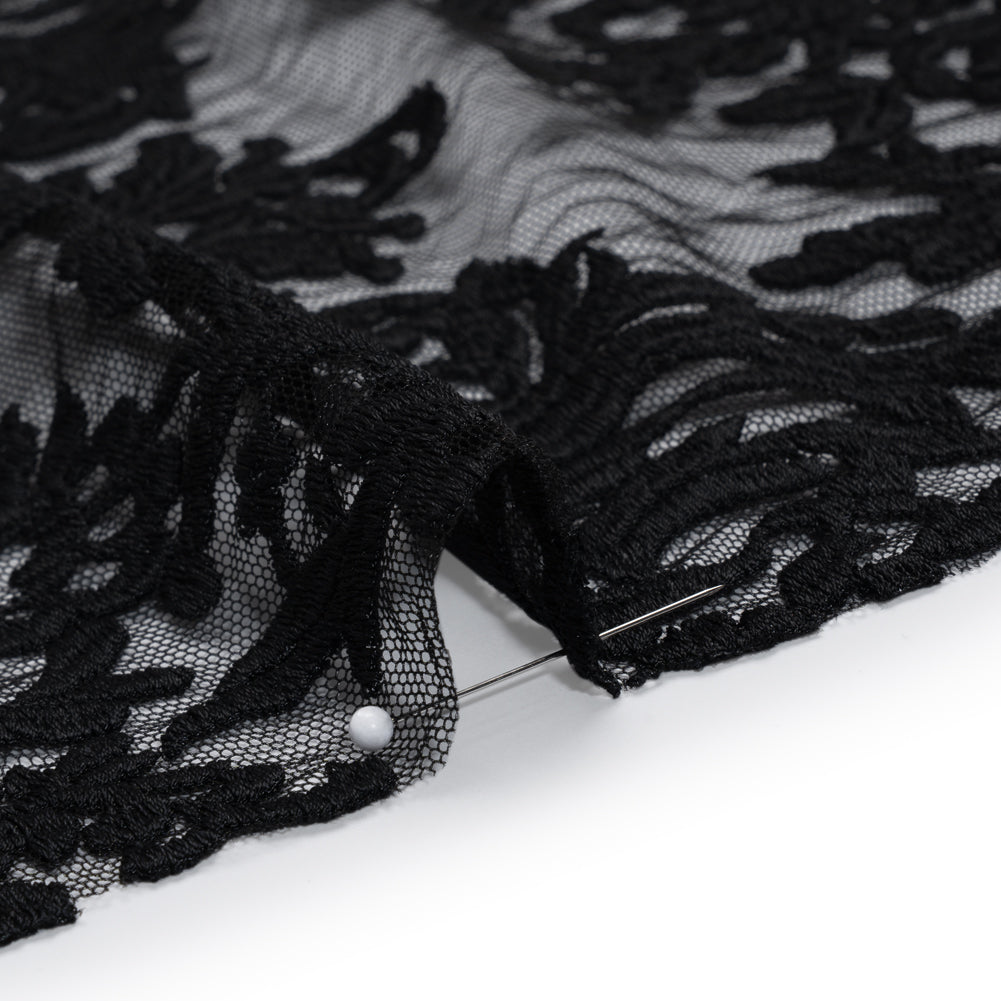 Embroidered Lace Tulle - Black Floral Damask with Pineapples Detail Embroidered Lace Tulle - Black Floral Damask with Pineapples Detail