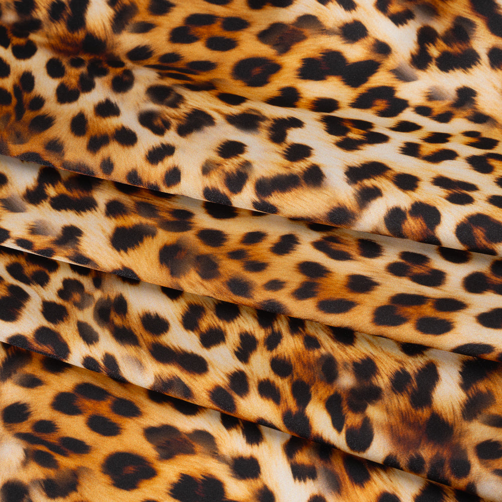 Stretch Recycled Polyester Charmeuse Print by Max Alexander - Beige, Brown and Black Leopard Spots Folded Stretch Recycled Polyester Charmeuse Print by Max Alexander - Beige, Brown and Black Leopard Spots Folded
