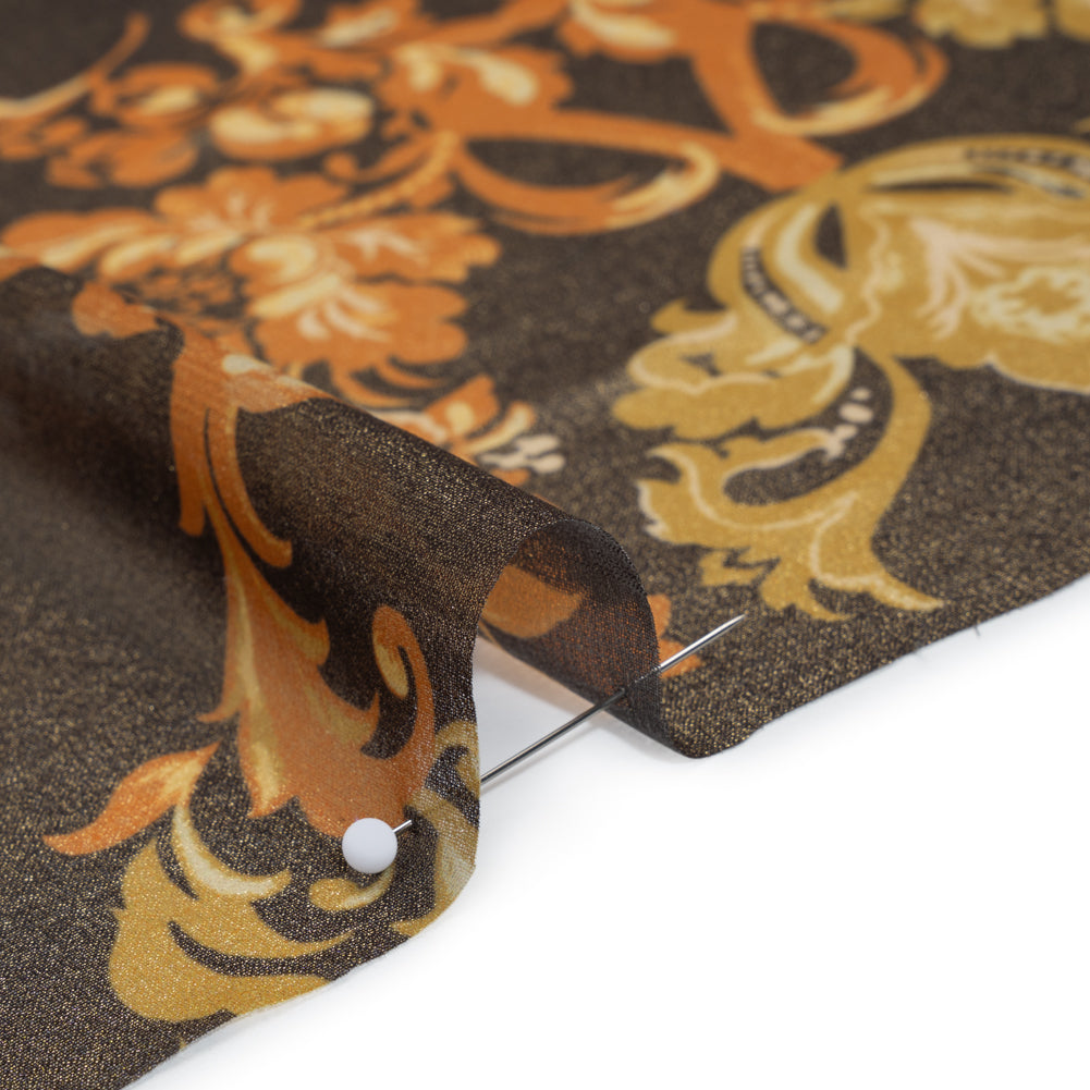Metallic Foiled Polyester Chiffon Print - Soft Black, Autumn Orange and Golden Yellow Vintage Floral - Designer Deadstock - Detail Metallic Foiled Polyester Chiffon Print - Soft Black, Autumn Orange and Golden Yellow Vintage Floral - Designer Deadstock - Detail