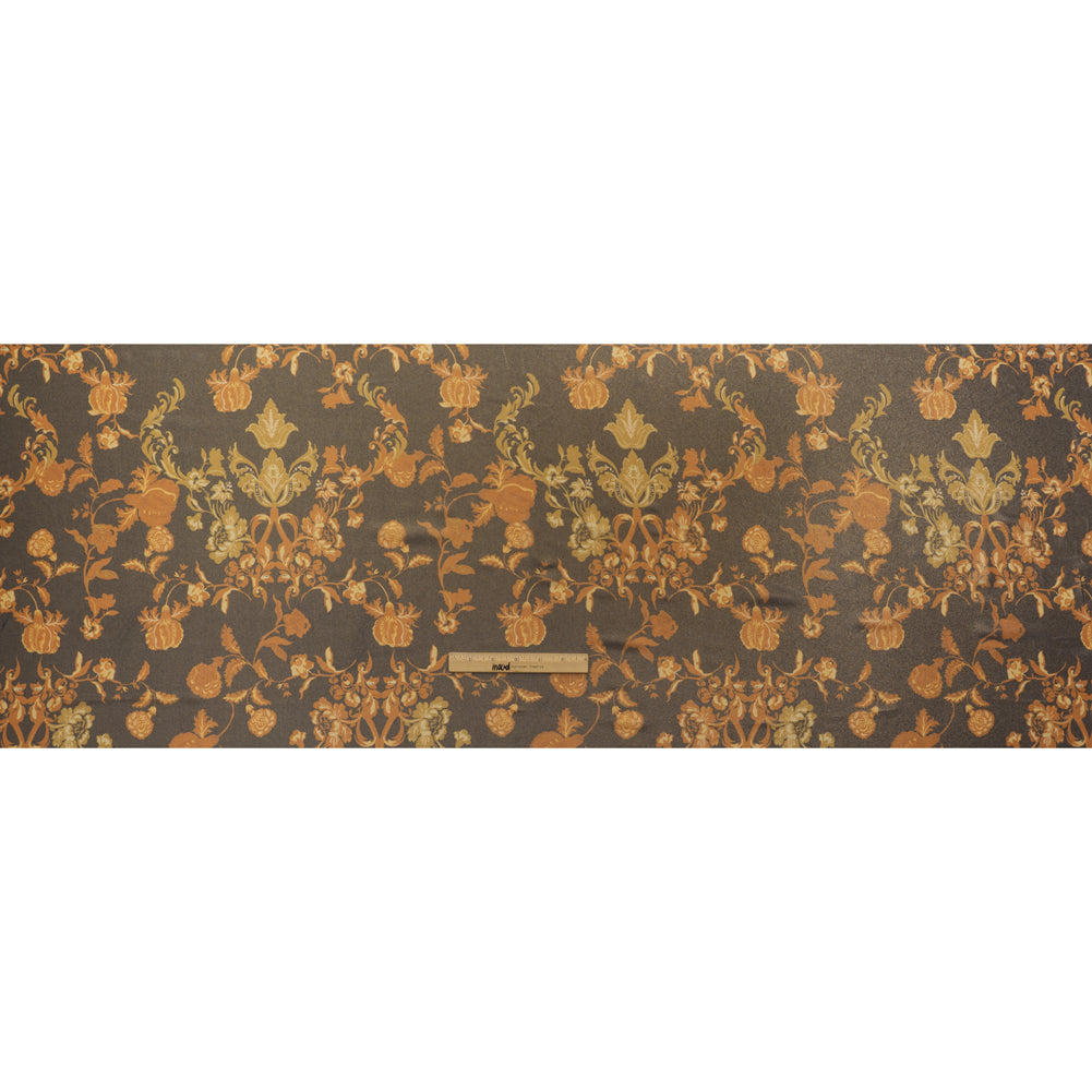 Metallic Foiled Polyester Chiffon Print - Soft Black, Autumn Orange and Golden Yellow Vintage Floral - Designer Deadstock - Full Metallic Foiled Polyester Chiffon Print - Soft Black, Autumn Orange and Golden Yellow Vintage Floral - Designer Deadstock - Full