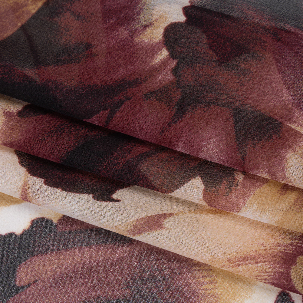 Polyester Chiffon Print - Wine Red and Golden Tan Painterly Floral - Designer Deadstock - Folded Polyester Chiffon Print - Wine Red and Golden Tan Painterly Floral - Designer Deadstock - Folded