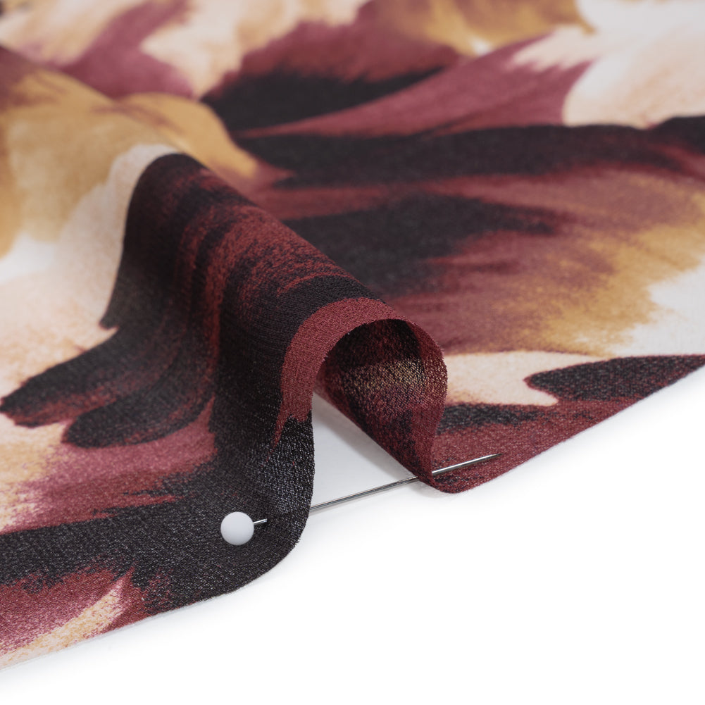 Polyester Chiffon Print - Wine Red and Golden Tan Painterly Floral - Designer Deadstock - Detail Polyester Chiffon Print - Wine Red and Golden Tan Painterly Floral - Designer Deadstock - Detail