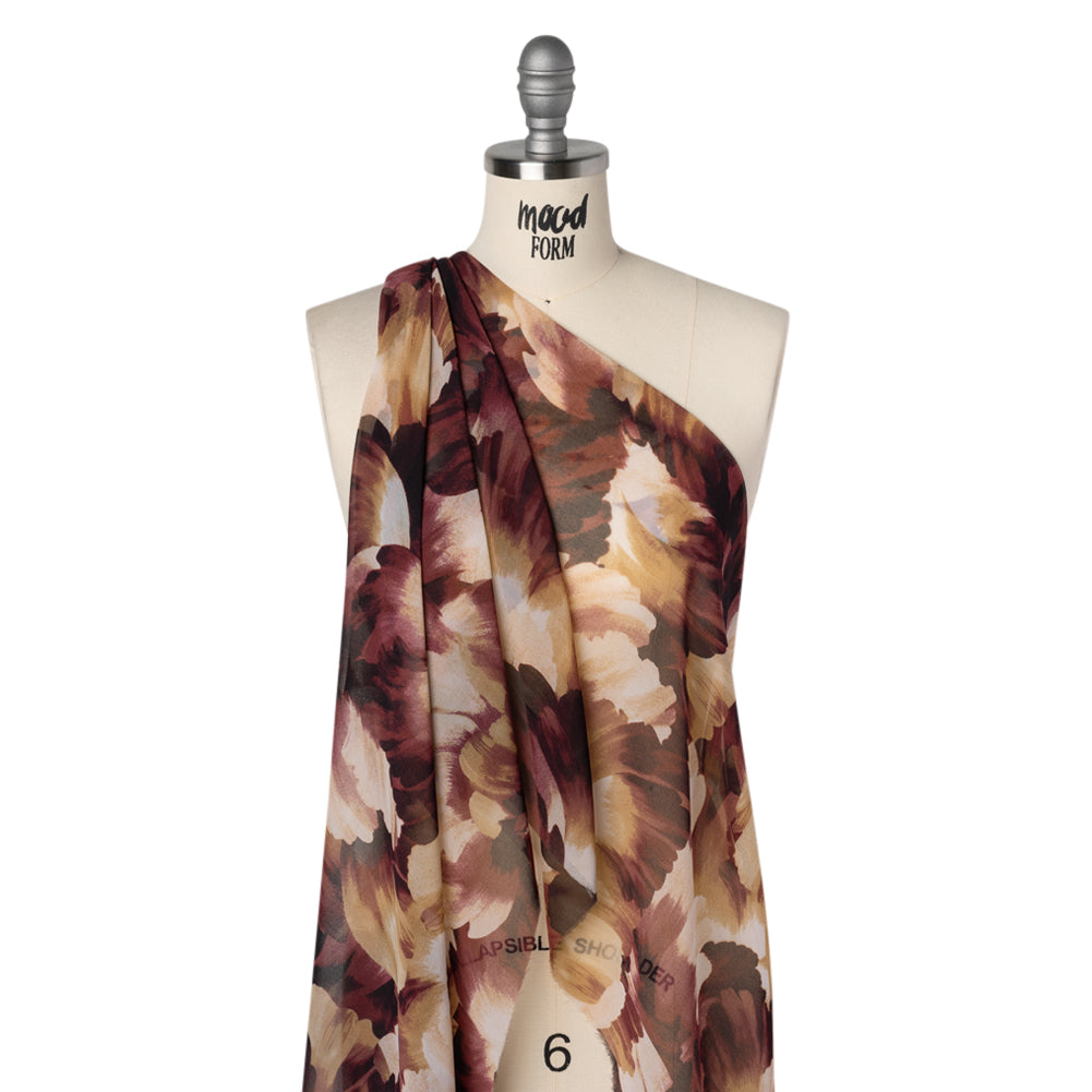 Polyester Chiffon Print - Wine Red and Golden Tan Painterly Floral - Designer Deadstock - Drape Polyester Chiffon Print - Wine Red and Golden Tan Painterly Floral - Designer Deadstock - Drape
