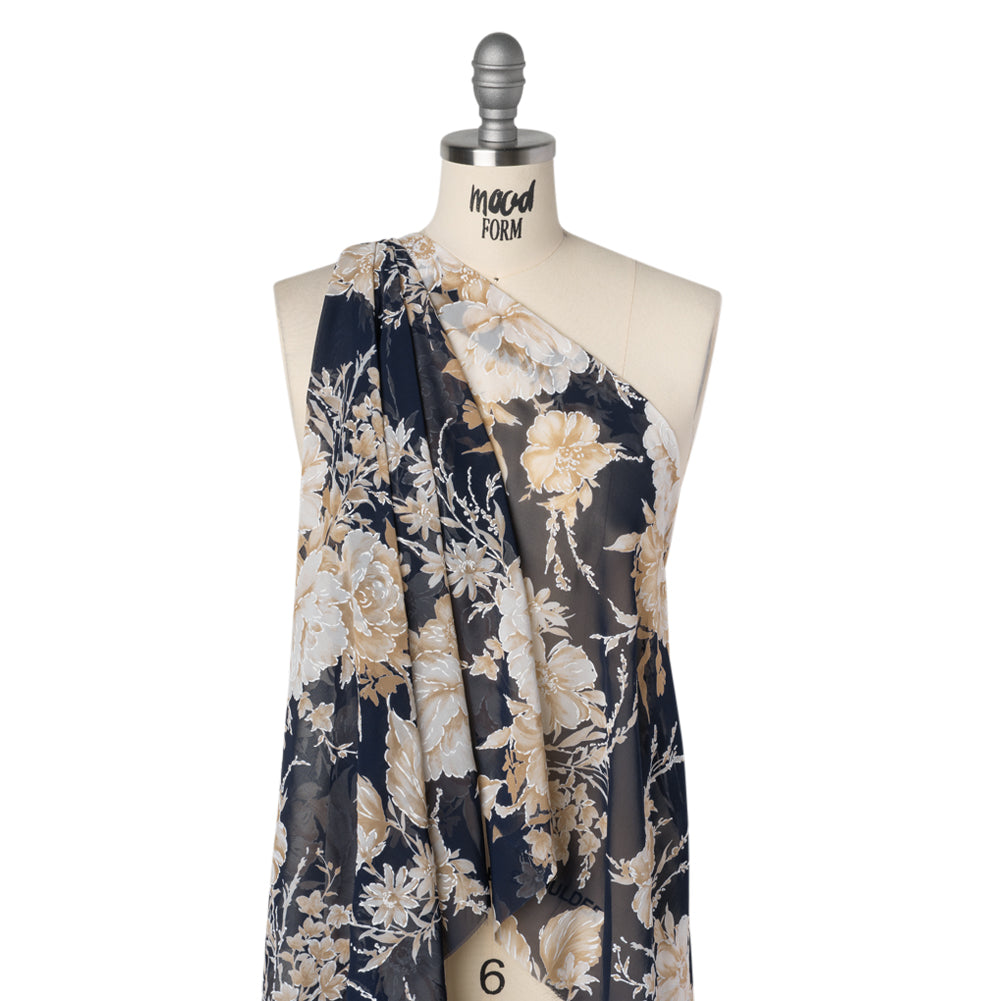 Polyester Chiffon with Puff Print - Navy Blue, Tan and Ivory Floral - Designer Deadstock - Drape Polyester Chiffon with Puff Print - Navy Blue, Tan and Ivory Floral - Designer Deadstock - Drape