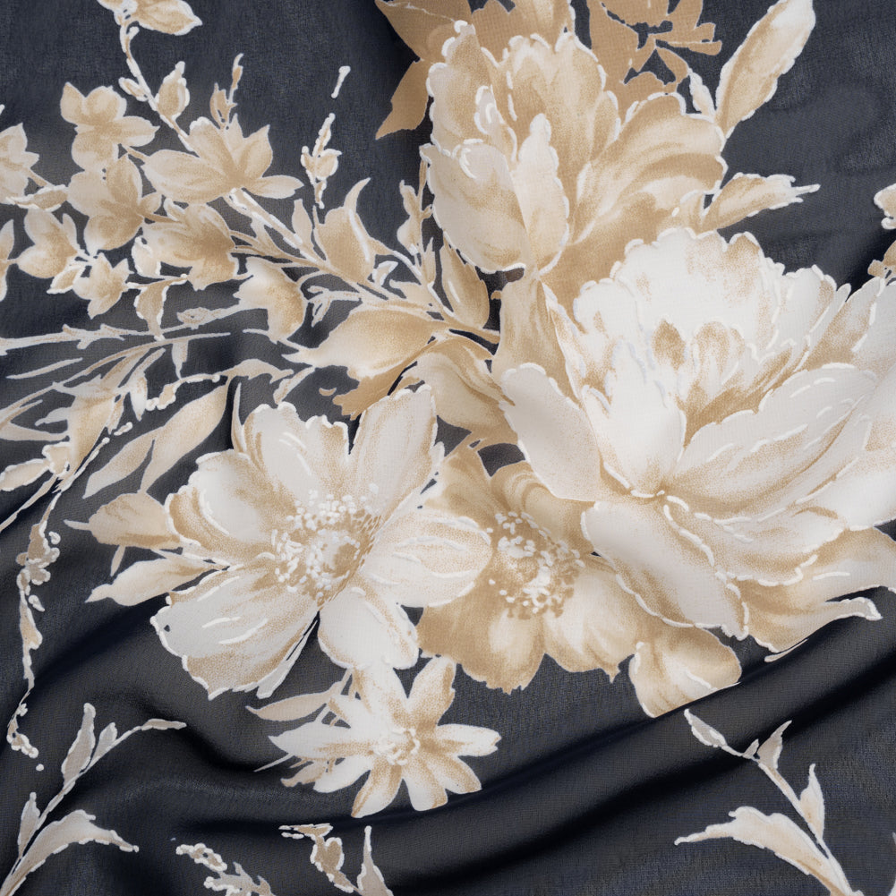 Polyester Chiffon with Puff Print - Navy Blue, Tan and Ivory Floral - Designer Deadstock Polyester Chiffon with Puff Print - Navy Blue, Tan and Ivory Floral - Designer Deadstock