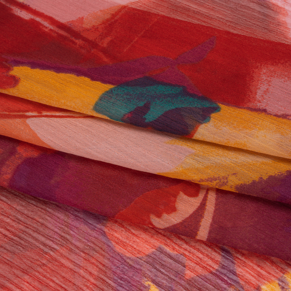 Crinkled Polyester Chiffon Print - Ruby Red, Peachy Pink and Wine Red Abstract Watercolor Floral - Designer Deadstock - Folded Crinkled Polyester Chiffon Print - Ruby Red, Peachy Pink and Wine Red Abstract Watercolor Floral - Designer Deadstock - Folded