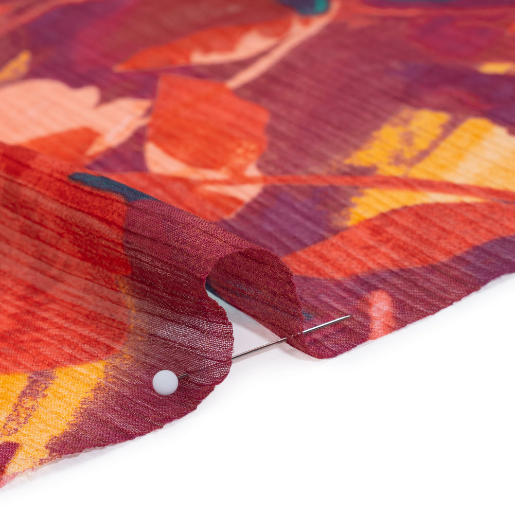 Crinkled Polyester Chiffon Print - Ruby Red, Peachy Pink and Wine Red Abstract Watercolor Floral - Designer Deadstock - Detail Crinkled Polyester Chiffon Print - Ruby Red, Peachy Pink and Wine Red Abstract Watercolor Floral - Designer Deadstock - Detail