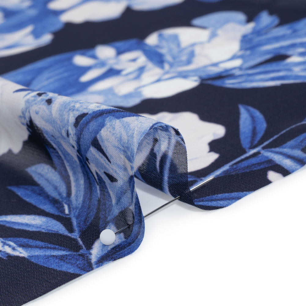 Polyester Chiffon Print - Navy Blue and White Floral - Designer Deadstock - Detail Polyester Chiffon Print - Navy Blue and White Floral - Designer Deadstock - Detail