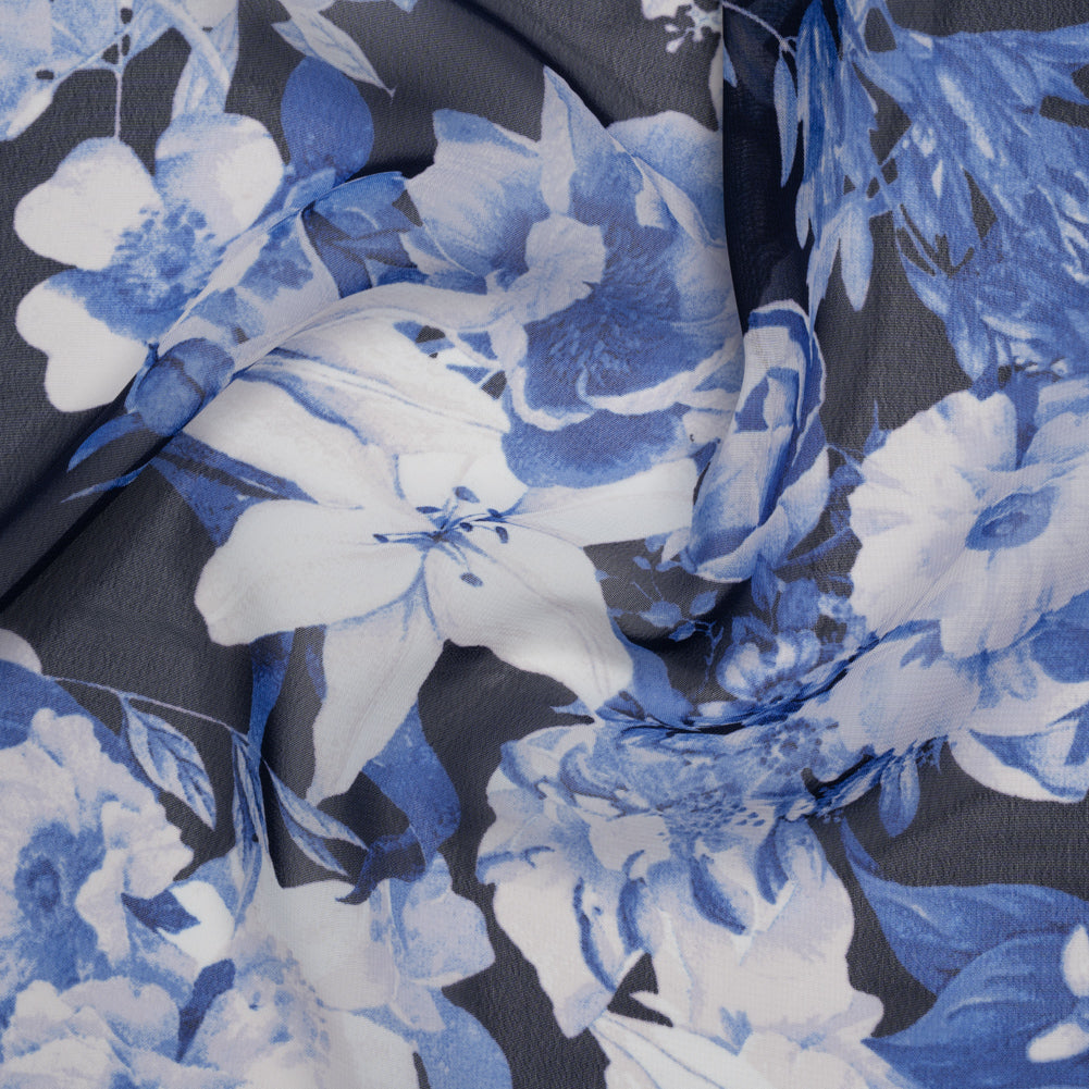 Polyester Chiffon Print - Navy Blue and White Floral - Designer Deadstock Polyester Chiffon Print - Navy Blue and White Floral - Designer Deadstock
