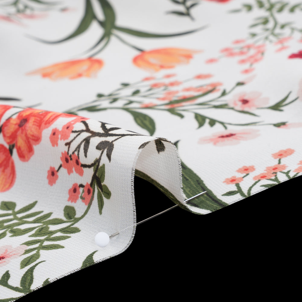 Polyester Chiffon Print - Peachy Orange, Blush Pink and Dark Forest Green Floral - Designer Deadstock - Detail Polyester Chiffon Print - Peachy Orange, Blush Pink and Dark Forest Green Floral - Designer Deadstock - Detail