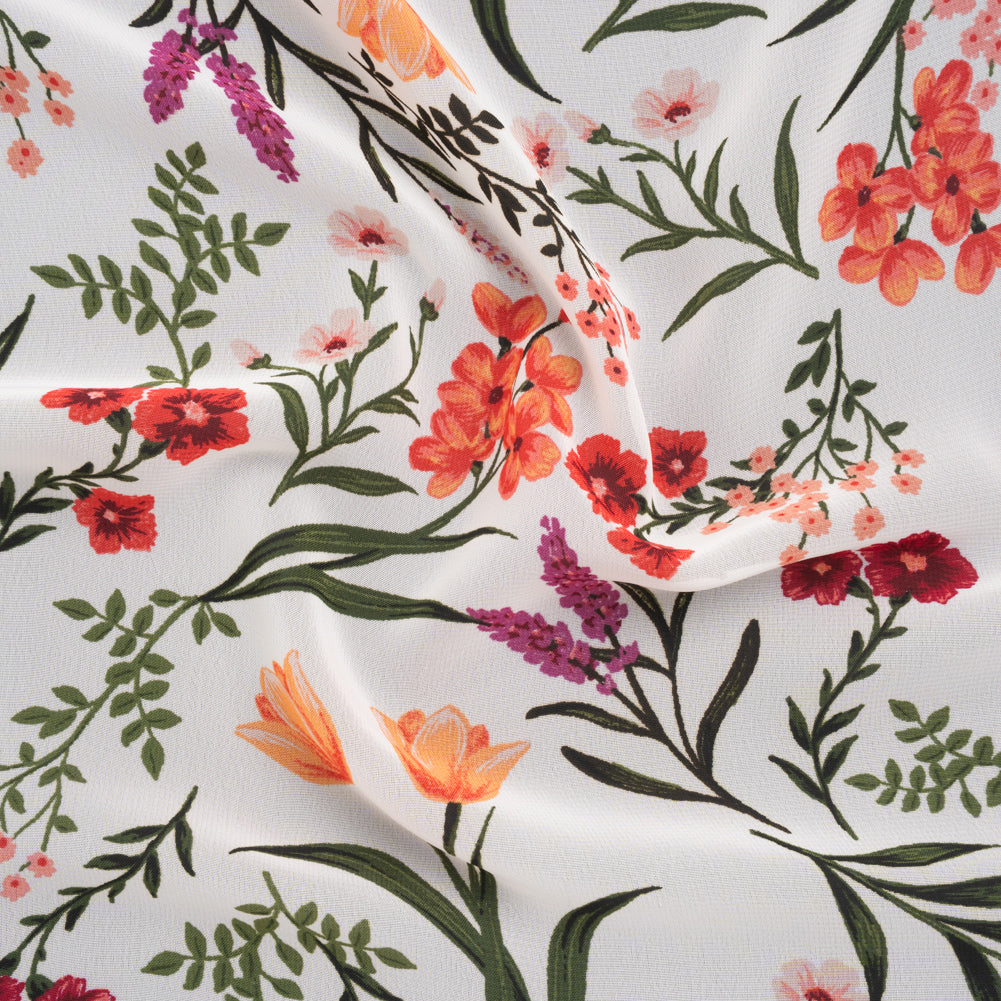 Polyester Chiffon Print - Peachy Orange, Blush Pink and Dark Forest Green Floral - Designer Deadstock Polyester Chiffon Print - Peachy Orange, Blush Pink and Dark Forest Green Floral - Designer Deadstock