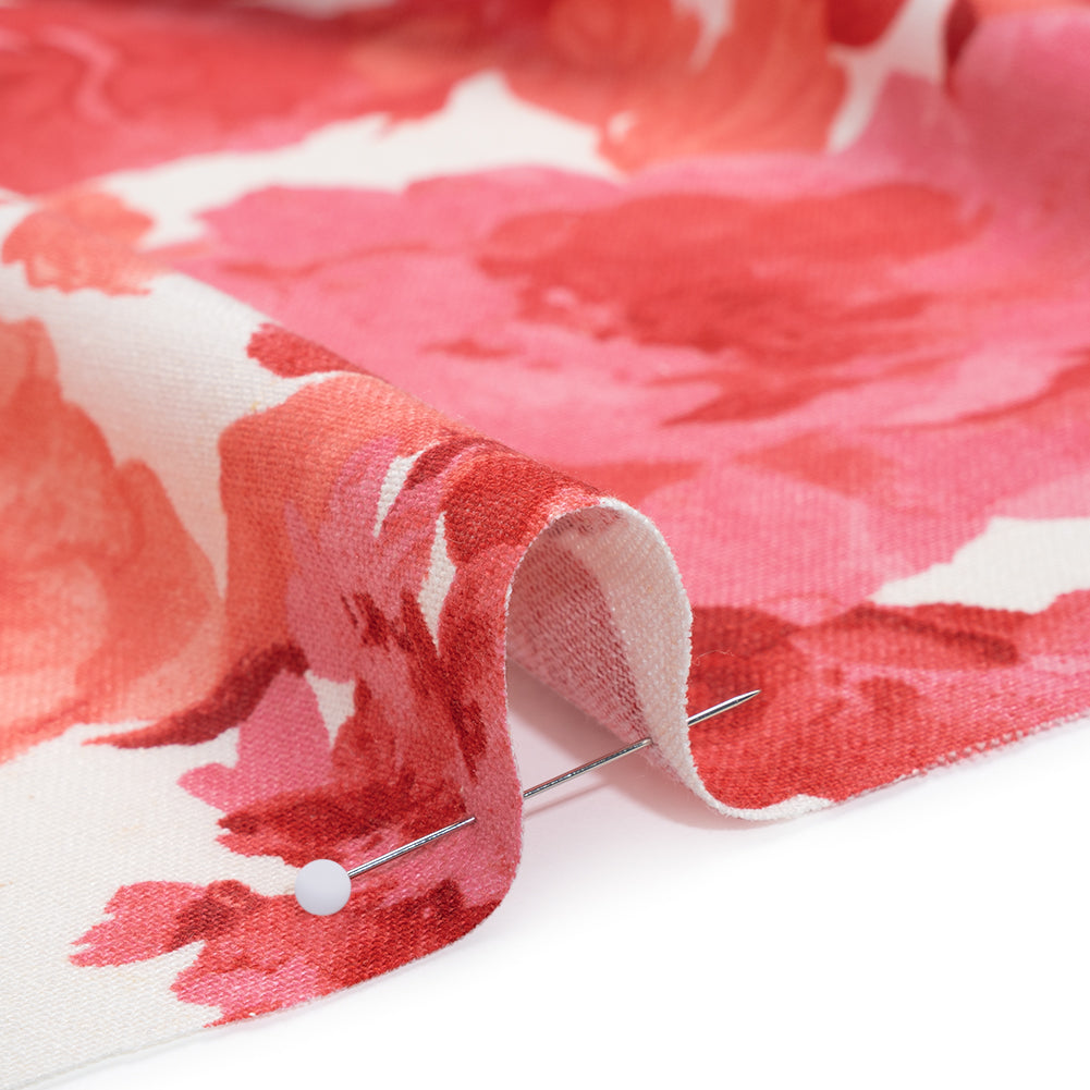 Rayon Linen Woven Print - Crimson Red, Bright Pink and Cream Floral Collage - Deadstock - Detail Rayon Linen Woven Print - Crimson Red, Bright Pink and Cream Floral Collage - Deadstock - Detail