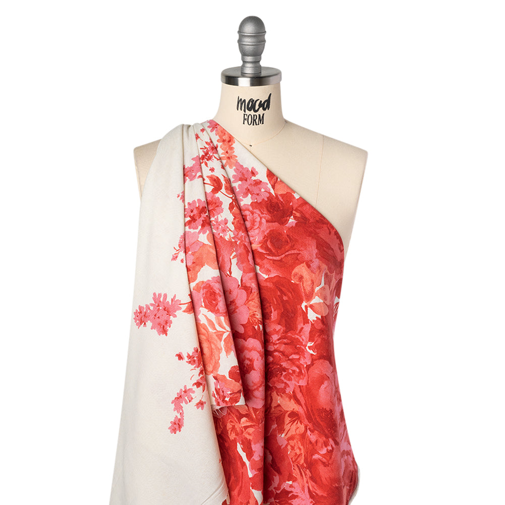 Rayon Linen Woven Print - Crimson Red, Bright Pink and Cream Floral Collage - Deadstock - Drape Rayon Linen Woven Print - Crimson Red, Bright Pink and Cream Floral Collage - Deadstock - Drape