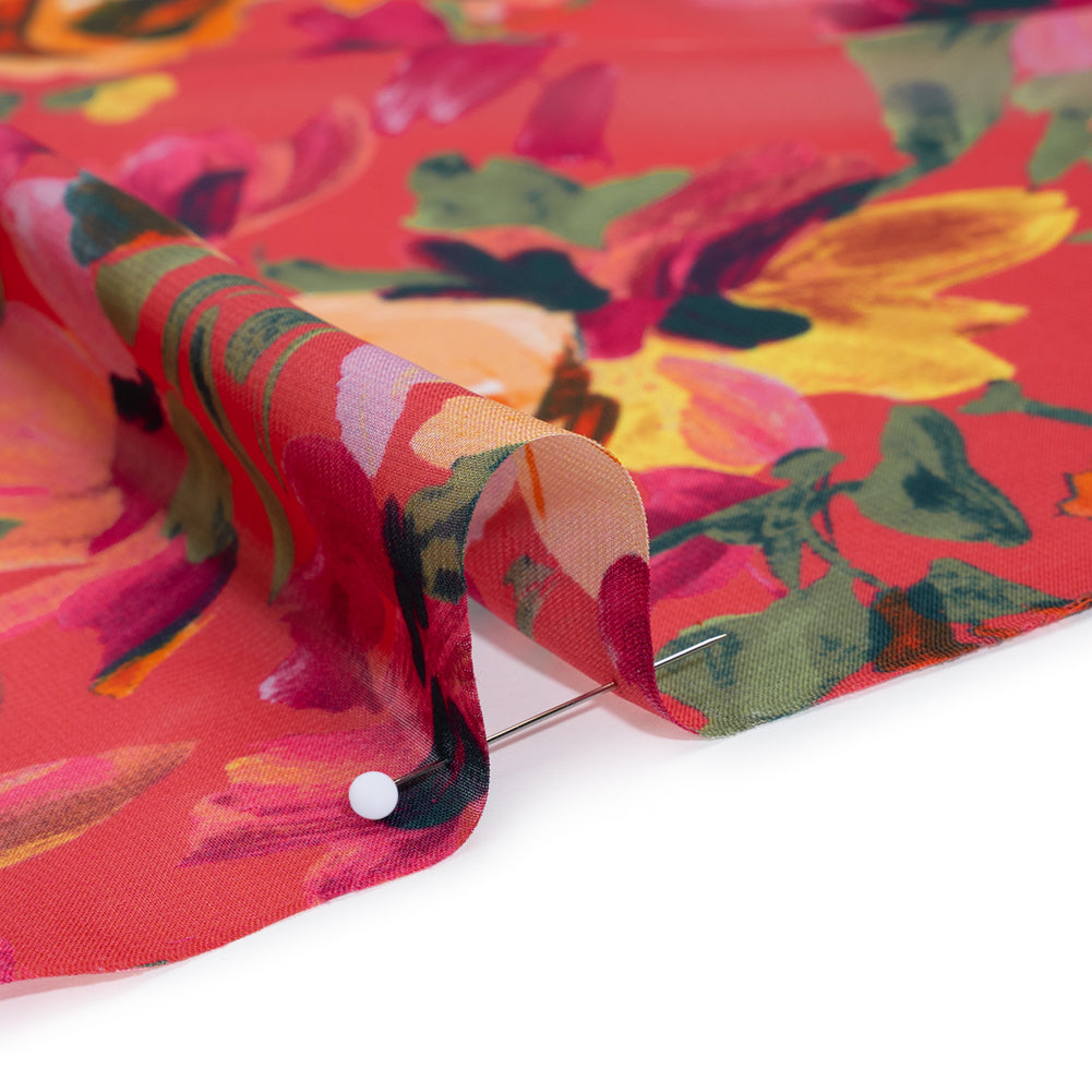 Polyester Chiffon Print - Ruby Pink, Bright Orange and Vivid Yellow Floral - Designer Deadstock - Detail Polyester Chiffon Print - Ruby Pink, Bright Orange and Vivid Yellow Floral - Designer Deadstock - Detail