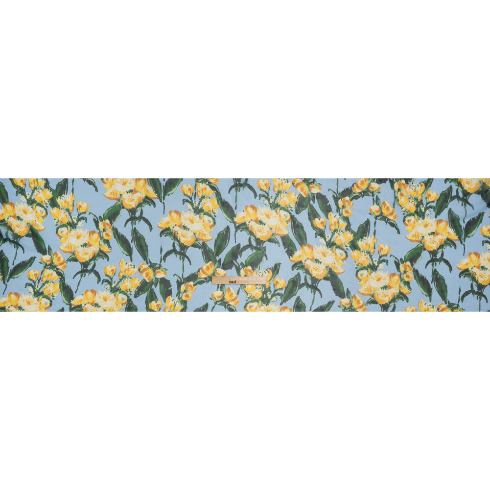 Polyester Chiffon Print - Marigold Yellow, Baby Blue and Forest Green Tulip Floral - Designer Deadstock - Full Polyester Chiffon Print - Marigold Yellow, Baby Blue and Forest Green Tulip Floral - Designer Deadstock - Full